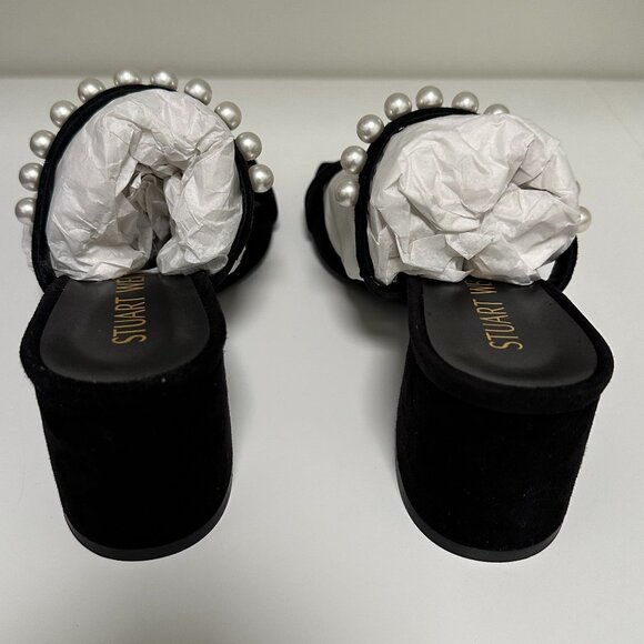 Stuart Weitzman Goldie 60 Pearl Slide Sandals 6.5 NIB Block Heel Black Suede - Picture 8 of 14